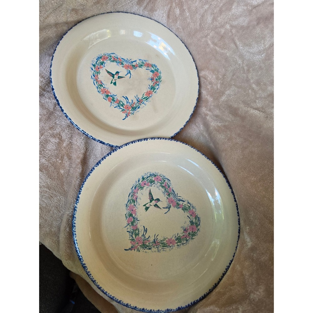Vintage 1999 Home & Garden Party Hummingbird Floral Heart Stoneware Plates Set 2